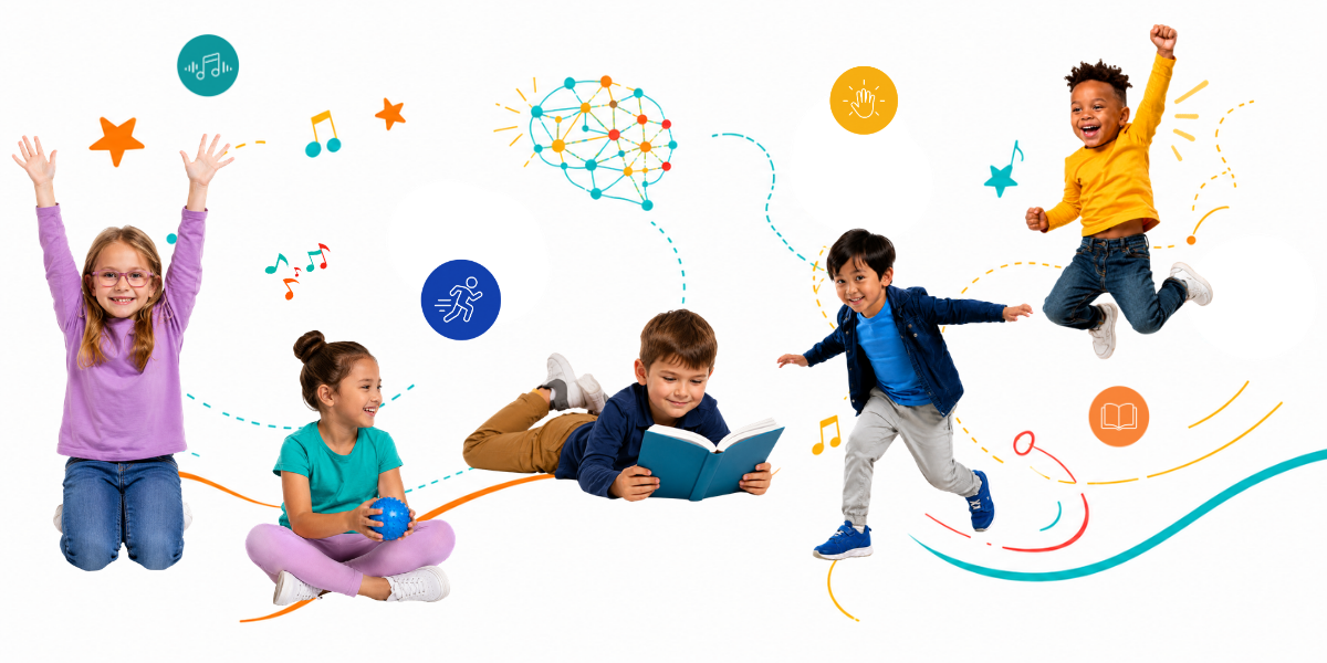 Children moving, reading, and playing with Body Brain Sensory
